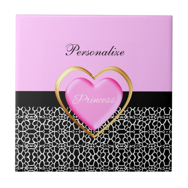 Girly Pink Black Princess Giraffe Print and Name Tile (Front)