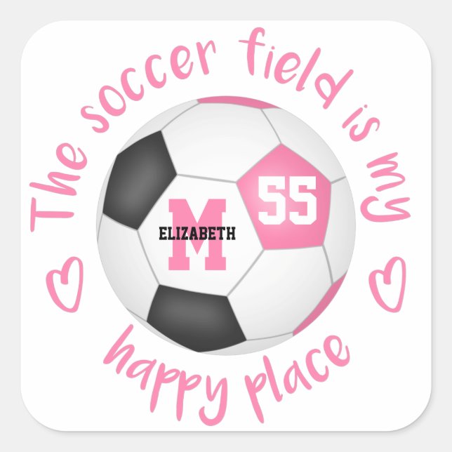girly pink black soccer field is my happy place square sticker (Front)