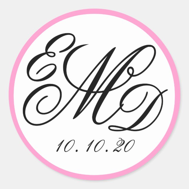 Girly Pink, Black Three Initials Monogram Wedding Classic Round Sticker (Front)