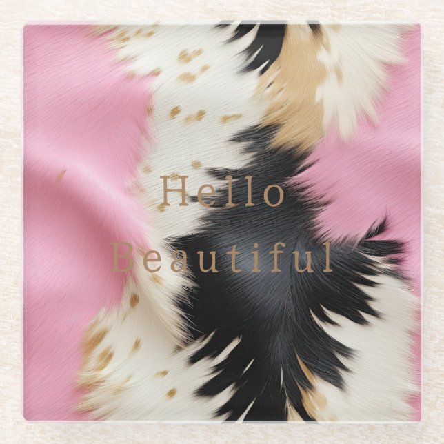 Girly Pink Black White Gold Cowhide Glass Coaster (Front)