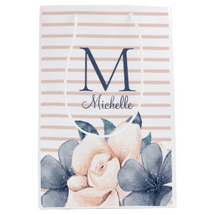 Girly Pink Blue Floral Monogram Name Striped Medium Gift Bag