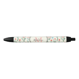 Girly Pink Blue Flowers Pattern Elegant Monogram Black Ink Pen