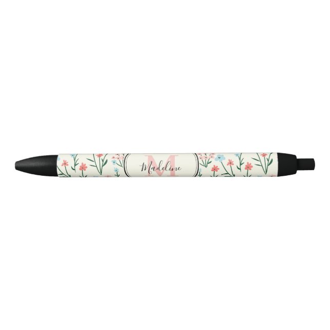 Girly Pink Blue Flowers Pattern Elegant Monogram Black Ink Pen (Front)