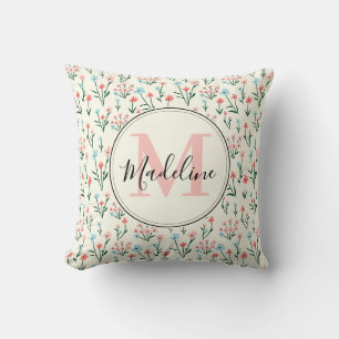 Girly Pink Blue Flowers Pattern Elegant Monogram Throw Pillow