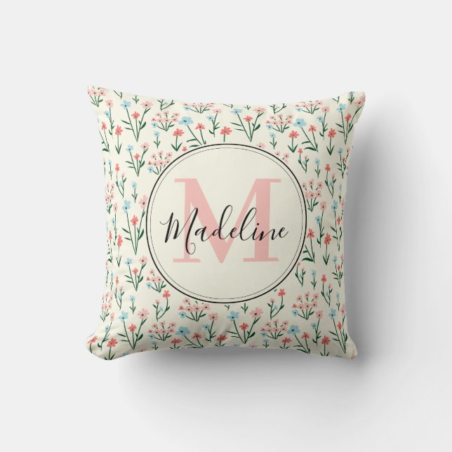 Girly Pink Blue Flowers Pattern Elegant Monogram Throw Pillow (Front)
