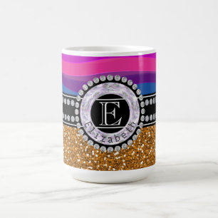 Girly Pink Blue, Gold Glitter, Diamonds, Monogram Coffee Mug