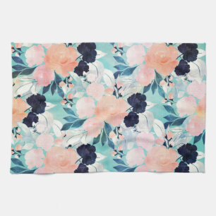 Girly Pink Blue & mint Floral Watercolor paint Kitchen Towel
