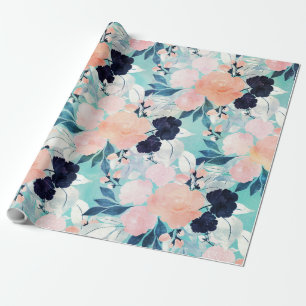 Girly Pink Blue & mint Floral Watercolor paint Wrapping Paper