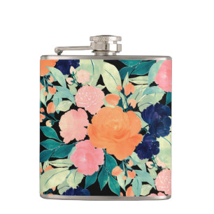 Girly Pink Blue & Orange Floral paint black design Hip Flask