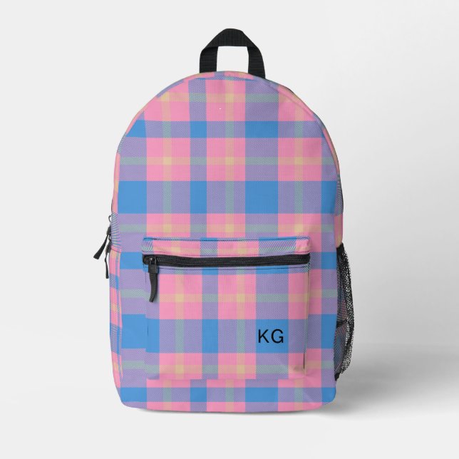 Girly Pink & Blue Plaid Monogram Initials Printed Backpack (Front)
