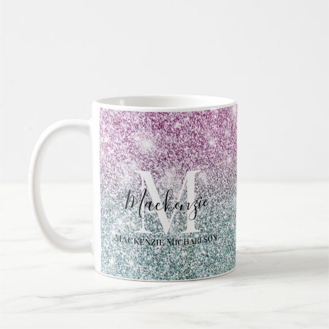 Girly Pink Blue Purple Glitter Monogram Name   Coffee Mug (Left)