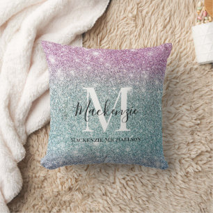 Girly Pink Blue Purple Glitter Monogram Name   Throw Pillow