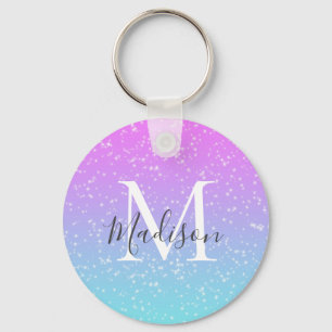 Girly Pink Blue Rainbow Star Glitter Monogram Name Keychain