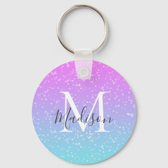 Girly Pink Blue Rainbow Star Glitter Monogram Name Keychain (Front)