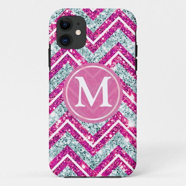 Girly Pink & Blue Sparkly Faux Glitter Chevron Case-Mate iPhone Case (Back)