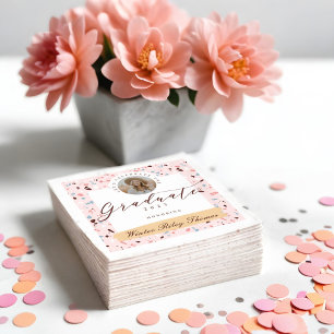 Girly Pink & Blue Terrazzo Photo Graduation Party Napkin