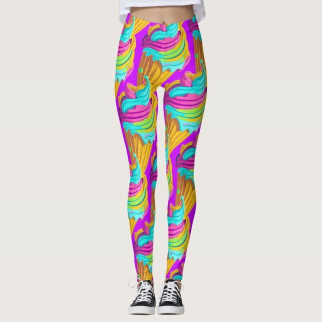 Girly Pink Blue Yellow Ice Cream Cone Summer Leggings (Front)