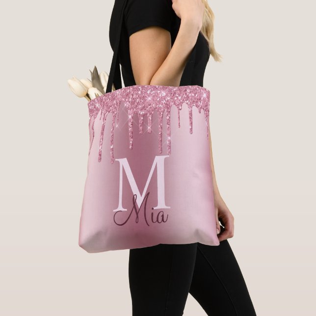 Girly Pink Blush Glitter Drips Monogram Name Tote  (Close Up)