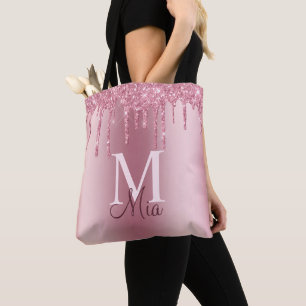 Girly Pink Blush Glitter Drips Monogram Name Tote  Bag