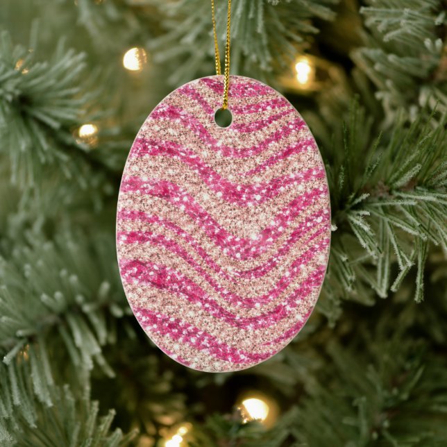 Girly Pink Blush Glitter Zebra Pattern             Ceramic Ornament (Tree)