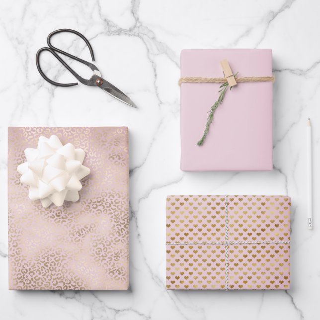 Girly Pink Blush Gold Ombre Leopard Print Wrapping Paper Sheet (Front)