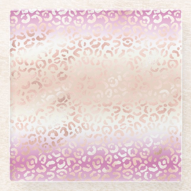 Girly Pink Blush Peach Glam Leopard Print Tie dye Glass Coaster (Front)