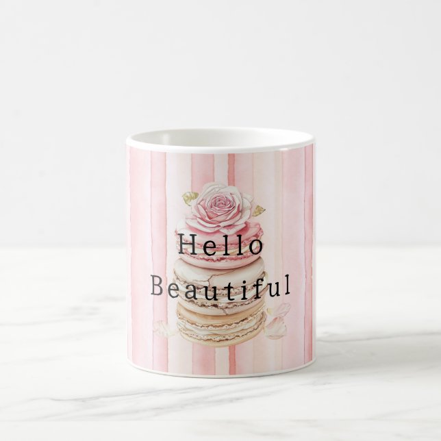 Girly Pink Blush White Stripes Macaroons Coffee Mug (Center)