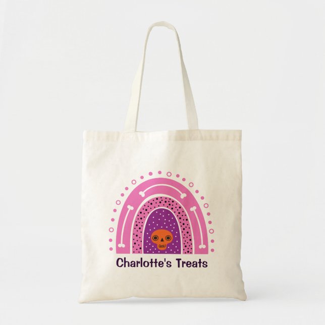 Girly Pink Boho Rainbow Halloween Trick or Treat Tote Bag (Front)
