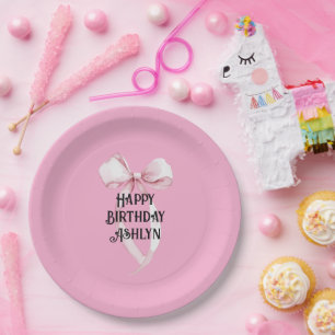 Girly Pink Bow Birthday Paper Plate