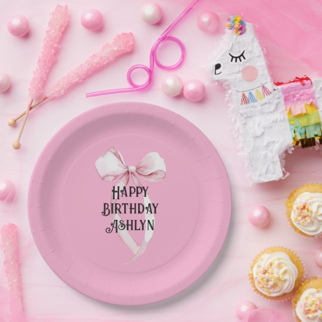 Girly Pink Bow Birthday Paper Plate (Party)
