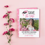 Girly Pink Bow & Cap Graduation Save The Date<br><div class="desc">Cute bow-themed graduation save the date card with a photo of the graduate and save the date written in a combo of matte black modern letters and a bright pink brush script, with a little black graduation cap adorned with a big pink bow. Pink graduation save the date template card...</div>