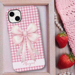 Girly Pink Bow Gingham Plaid Personalized Case-Mate iPhone 14 Plus Case
