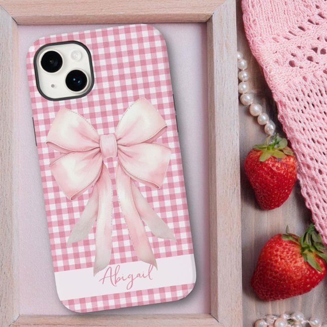 Girly Pink Bow Gingham Plaid Personalized Case-Mate iPhone Case (Personalized iphone case with pink bow on pink gingham by Darling and May)