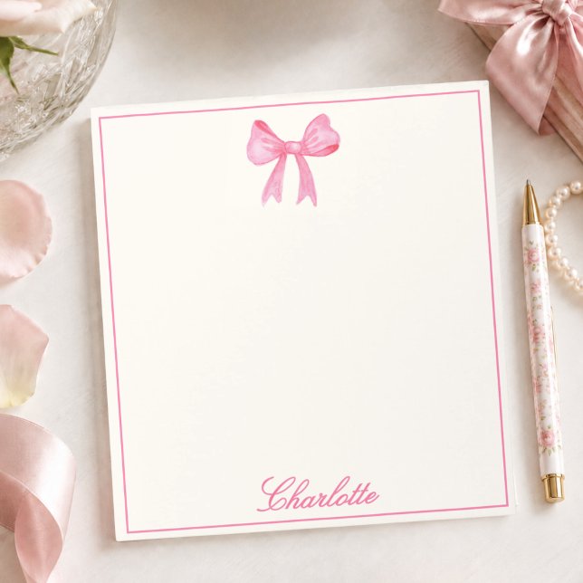 Girly Pink Bow Notepad (cute feminine pink coquette bow notepad with custom name monogram in calligraphy script for girls)