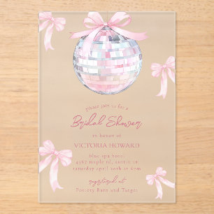 Girly Pink Bows Shiny Disco Ball Bridal Shower Acrylic Invitations
