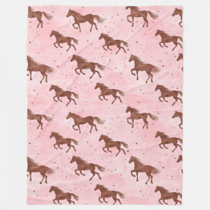 Girly Pink Brown Horses Floral Fleece Blanket