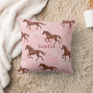 Girly Pink Brown Horses Floral Throw Pillow