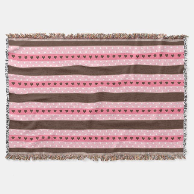 Girly Pink & Brown Stripes and Polka Dots Pattern Throw Blanket (Front)