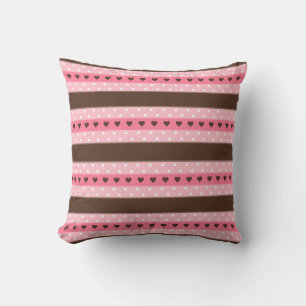 Girly Pink & Brown Stripes and Polka Dots Pattern Throw Pillow