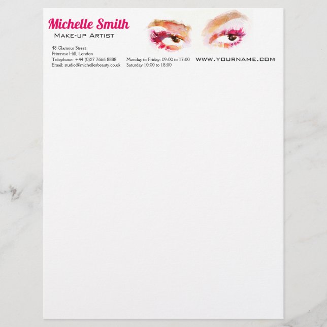 Girly Pink Brown Watercolor Eye Makeup Artist Letterhead (Front)