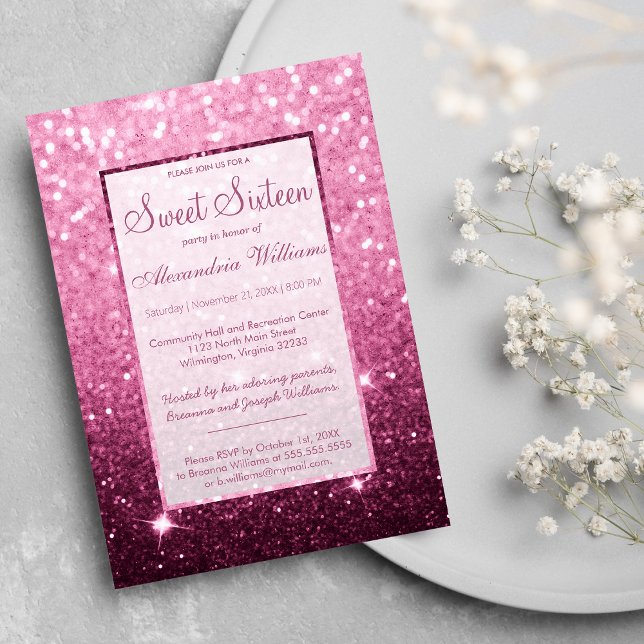 Girly pink burgundy faux glitter bokeh Sweet 16 Invitation (Girly pink burgundy faux glitter bokeh Sweet 16 Invitation)