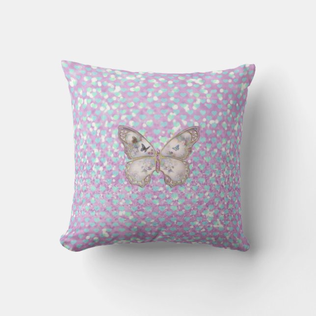 Girly Pink Butterfly Blue Hearts Glitter Pattern Throw Pillow (Front)
