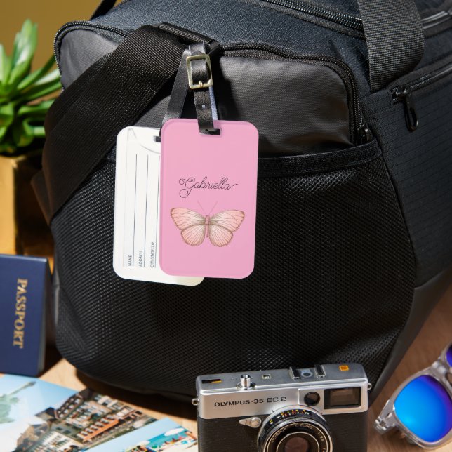 Girly Pink Butterfly Luggage Tag (Front & Back)