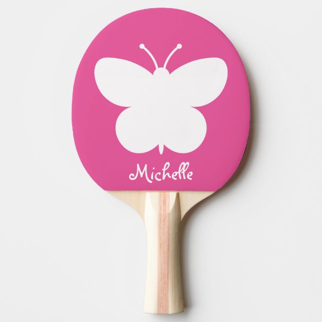 Girly pink butterfly table tennis ping pong paddle (Front)