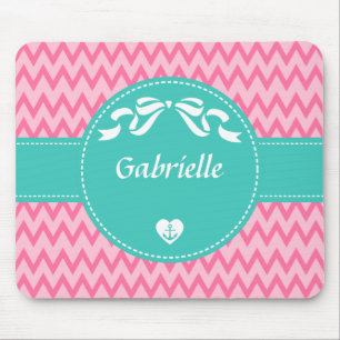 Girly Pink Chevron Pattern Cute Mint Bow With Name Mouse Pad