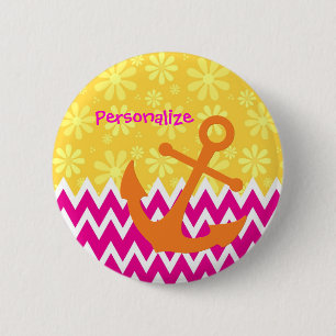 Girly Pink Chevrons Orange Anchor With Name 2 Inch Round Button