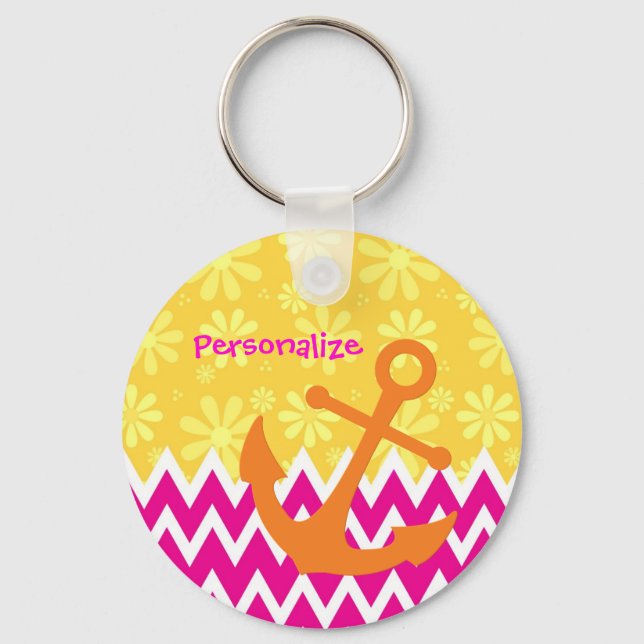Girly Pink Chevrons Orange Anchor With Name Keychain (Front)