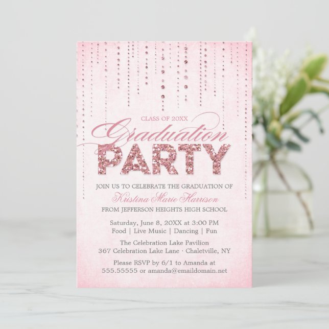 Girly Pink Chic Glitter Gems Graduation Party Invitation (Standing Front)