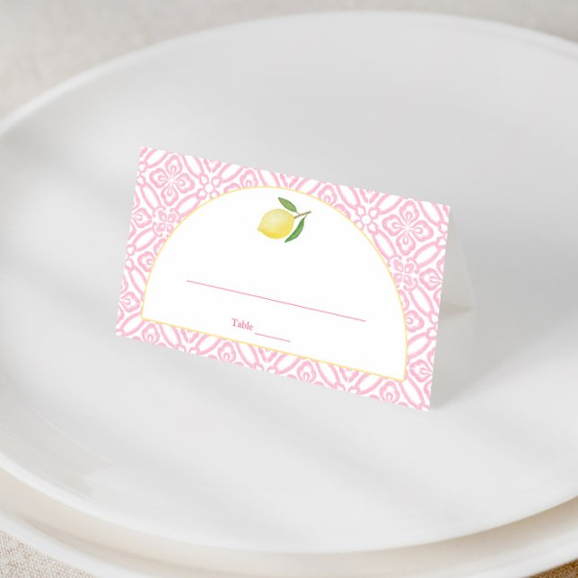 Girly Pink Citrus With Arch Bridal Shower Party Place Card (Pretty pink and white wedding shower place cards featuring vintage italian tile detail and lemon)