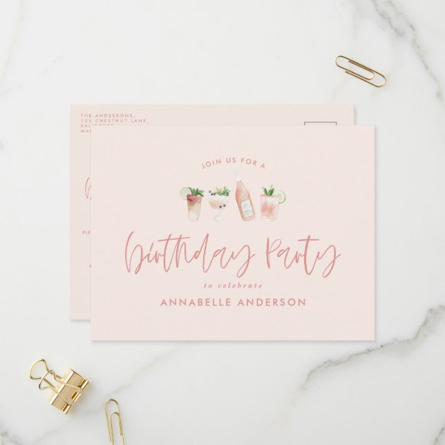 Girly pink cocktail stylish birthday party invitation postcard (Front/Back In Situ)